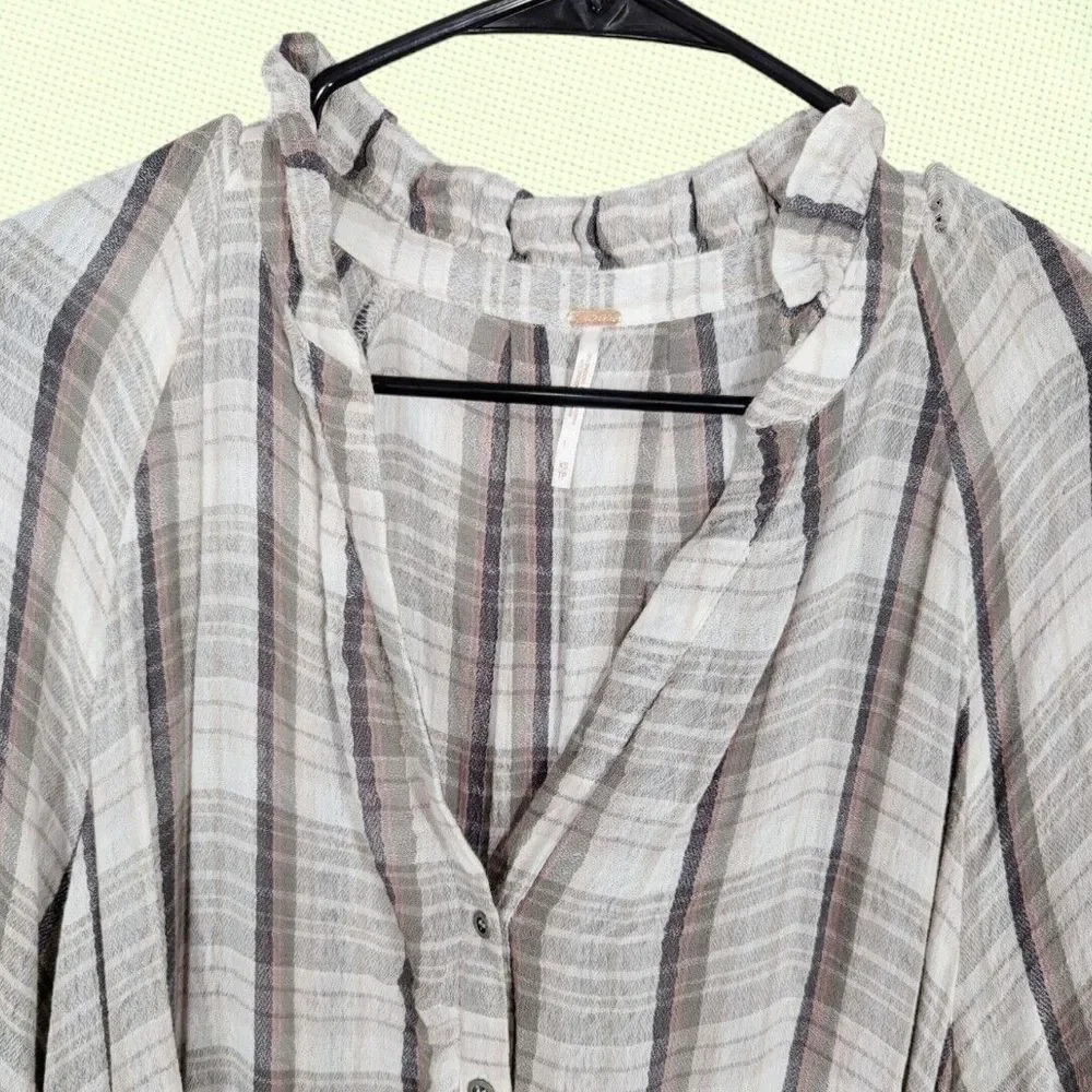 FREE PEOPLE Tunic Mini Dress XS‎ Beige Plaid Red Moon Cotton Blend Gauze Cottage